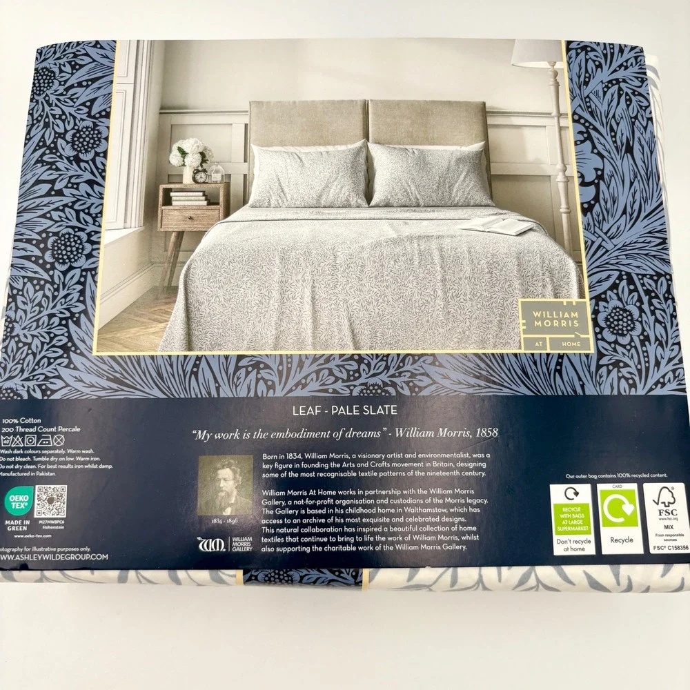 William Morris At Home Queen Sheet Set Leaf Pale Slate‎ 100% Cotton